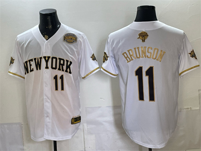 Men's New York Knicks #11 Jalen Brunson White Gold 2026 Finals & Eastern Conference Champions Patch Stitched Baseball Jersey Men's New York Knicks #11 Jalen Brunson White Gold 2026 Finals & Eastern Conference Champions Patch Stitched Baseball Jersey
